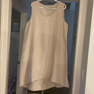 Flax Sleeveless tan Textured striped dress/ tunic.  Large      High/low hem.